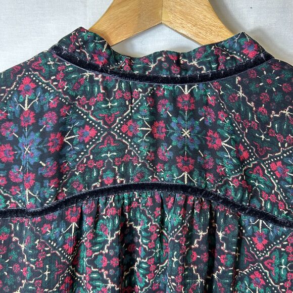 Loft Green Red Blue Floral Chiffon Velvet Trim V-Neck Sheer LS Blouse Size XXL - Picture 12 of 15
